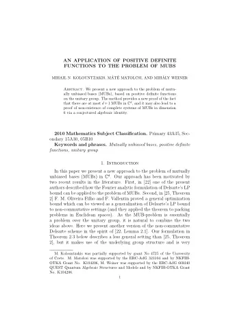 AN APPLICATION OF POSITIVE DEFINITE  FUNCTIONS TO THE PROBLEM OF MUBS  MIHAIL N. KOLOUNTZAKIS, M