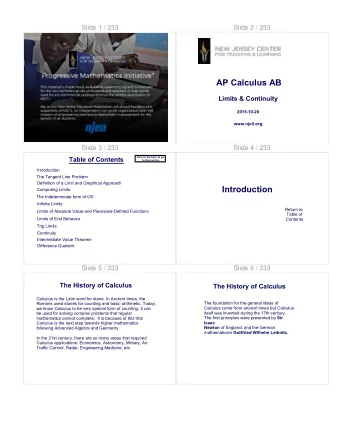 AP Calculus AB  Limits &amp; Continuity  2015-10-20  www.njctl.org  Slide 3 / 233  Slide 4 / 233