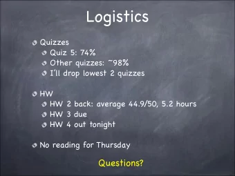 Logistics  Quizzes  Quiz 5: 74%  Other quizzes: ~98%  Ill drop lowest 2 quizzes  HW  HW 2 back:
