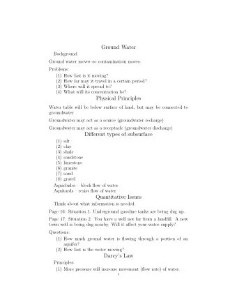 Ground Water  Background  Ground water movesso contamination moves.  Problems:  (1) How fast is