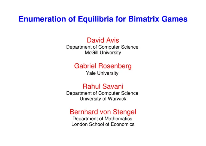 enumeration of equilibria for bimatrix games
