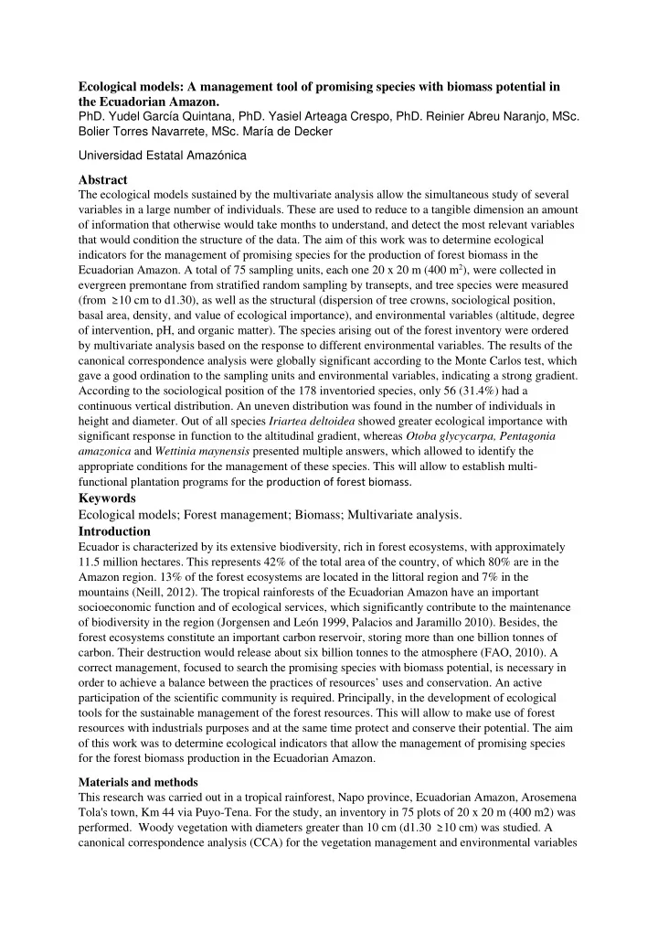 ecological models a management tool of promising species
