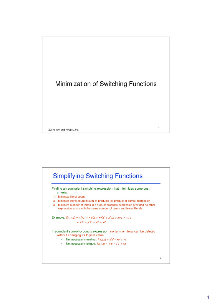 minimization of switching functions