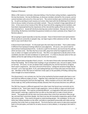 Theological Review of the CNC: Interim Presentation to General Synod July 2017  Professor