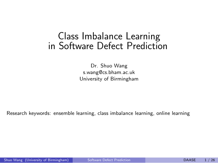 class imbalance learning in software defect prediction