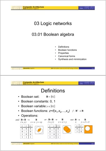 Definitions   Boolean set:  B 0 ,  1   Boolean constants: 0, 1   Boolean variable: x  0