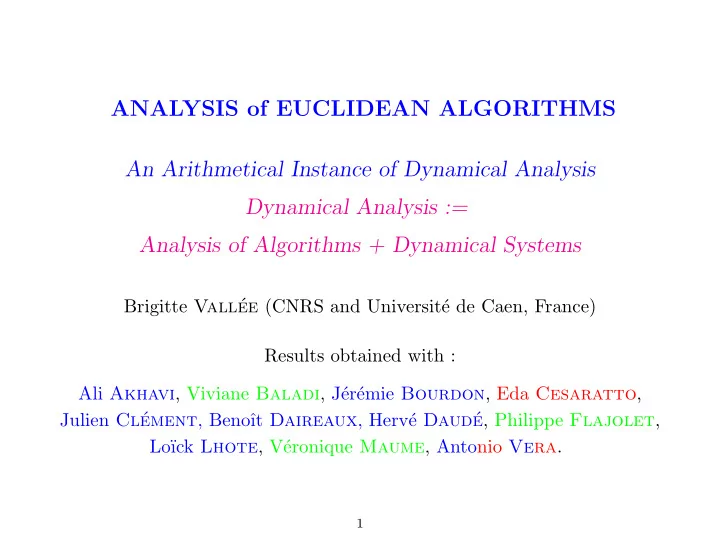 analysis of euclidean algorithms an arithmetical instance