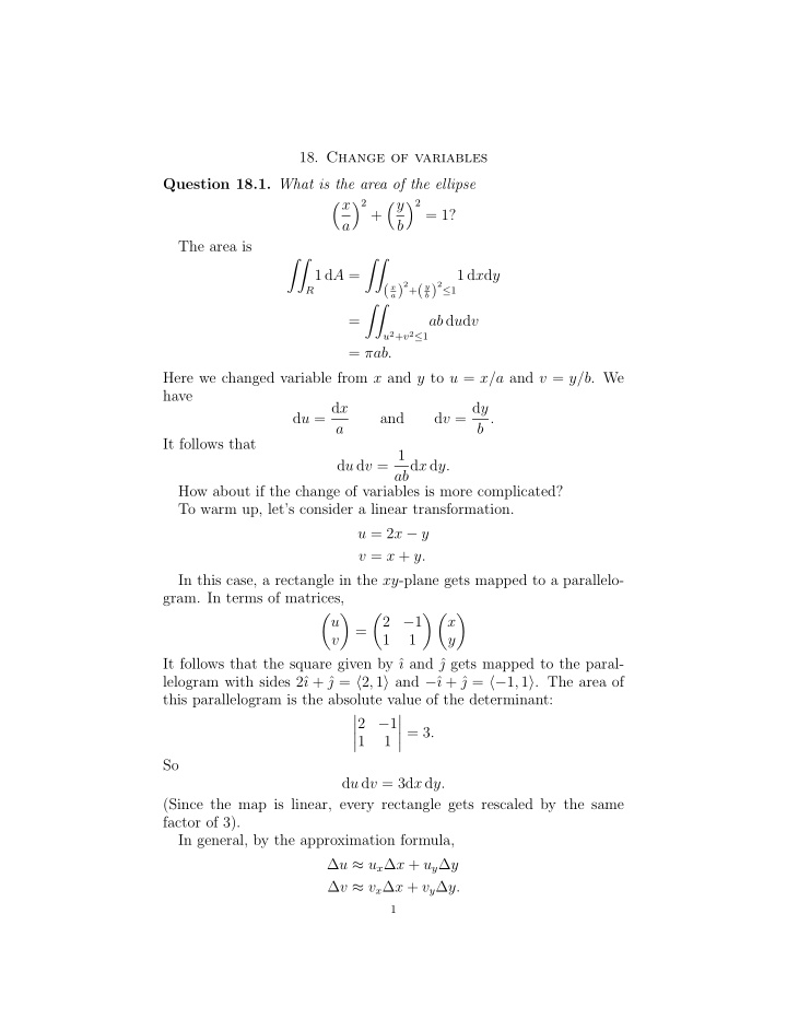 18 change of variables question 18 1 what is the area of