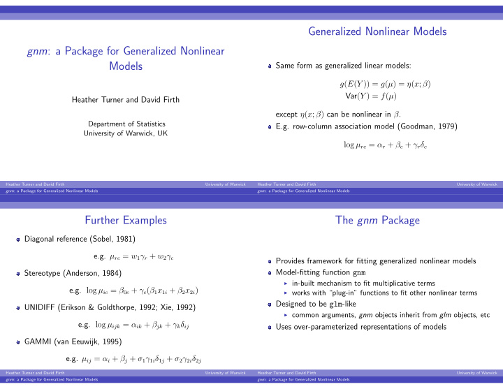 generalized nonlinear models gnm a package for