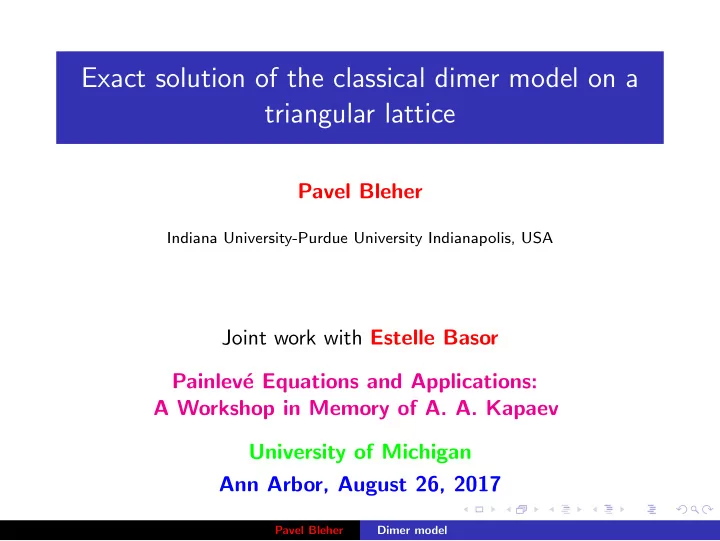 exact solution of the classical dimer model on a