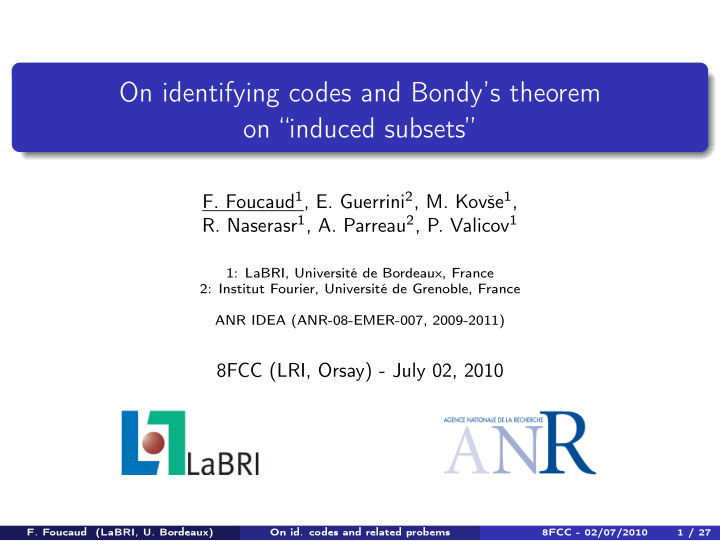 on identifying codes and bondy s theorem on induced
