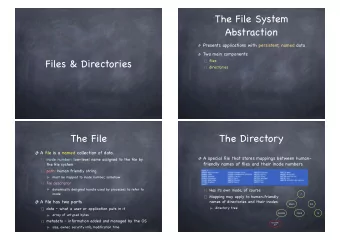 The File System  Abstraction Presents applications with persistent, named data Two main components: