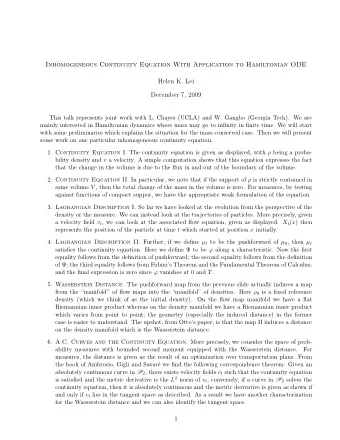 Inhomogeneous Continuity Equation With Application to Hamiltonian ODE  Helen K. Lei  December 7,