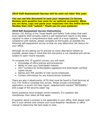 2019 Self-Assessment Survey will be sent out later this year.  You can use this document to save